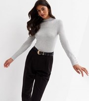 New Look Pale Grey Fine Knit High Neck Button Sleeve Jumper